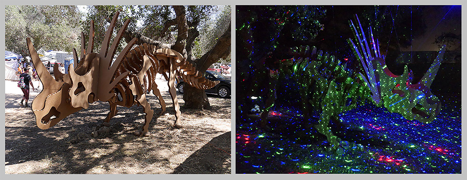 One of the dinosaurs, both at day and, coverd in laser light at night. 