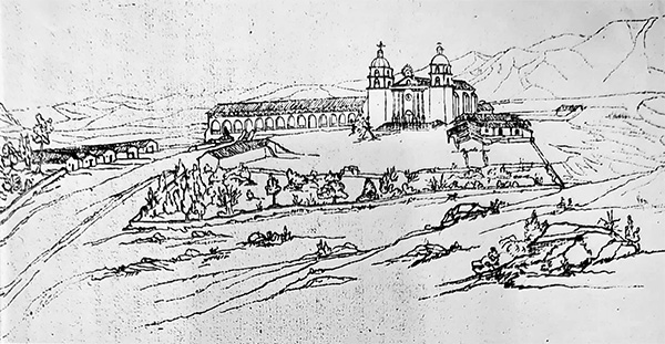 A black and white 1852 illustration of the Old Santa Barbara Mission complex by H.M.T. Powell from his hook The Santa Fé Trail to California 1849-1852.